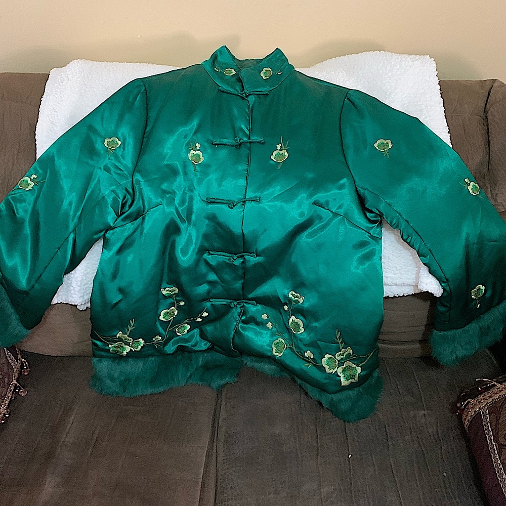 Vintage Embroidered Green Silk Flower Coat
